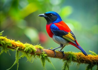 Obraz premium Vibrant Cebu flowerpecker perches on a moss-covered branch amidst lush green foliage, showcasing its iridescent plumage in a serene, misty, Philippine rainforest setting.