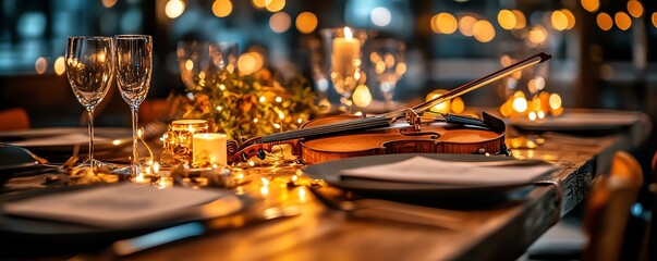 Elegant table setting with a violin, candles, and twinkling lights, creating a warm and inviting dining atmosphere.