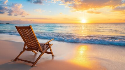 Fototapeta premium Serene Sunset Beach Scene with Wooden Lounge Chair on Sandy Shore