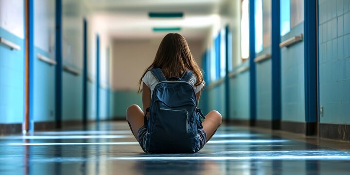 A lone girl in attire with a satchel sits weeping in the corridor, facing rejection and loneliness, grappling with bullying, ADHD, and autism.