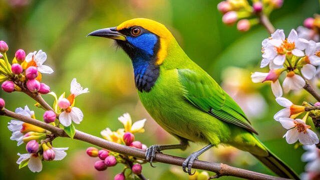 Vibrant Golden-fronted Leafbird with bright yellow throat patch perches on blossoming tree amidst lush green haze, showcasing its stunning plumage and delicate feathers.