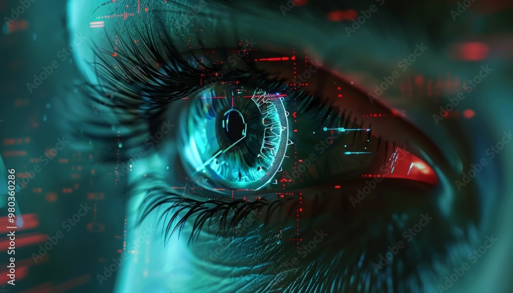 Poster glowing futuristic eye with digital interface and circuit board elements