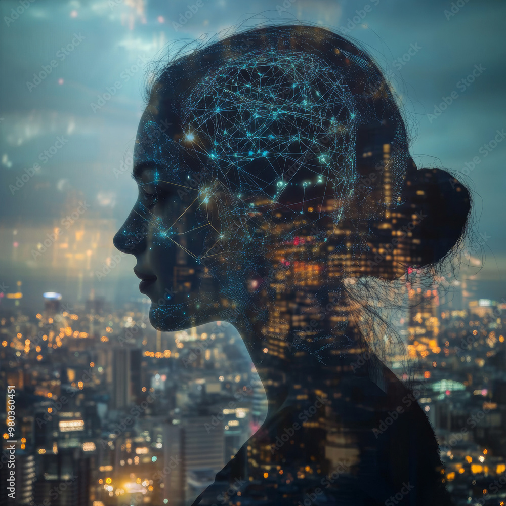 Poster ai managing smart city infrastructure, analyzing big data from urban systems. features an abstract c