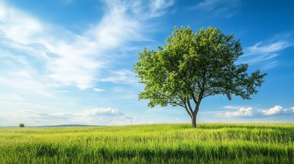 Obraz premium Lush Green Tree Stands Tall in Idyllic Meadow Under Bright Blue Sky with Fluffy Clouds