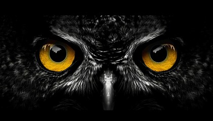 Fototapeta premium Glowing Yellow Eyes of a Great Horned Owl in the Night