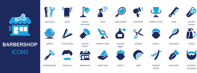 Barbershop flat icons set. Haircut, hairdresser, scissors, razor, beard, hair icons and more signs. Flat icon collection.