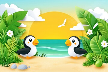 Naklejka premium Cartoon puffins on tropical beach with sunset, palm trees and flowers