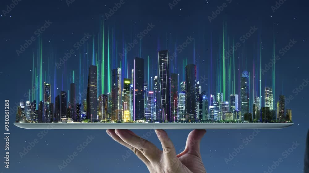 Aufkleber waiter hand holding an empty digital tablet with city and abstract dot point connect with gradient l