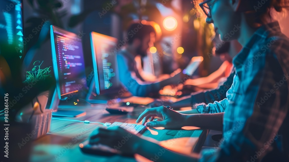 Poster virtual hackathon with developers collaborating on digital projects and solutions online