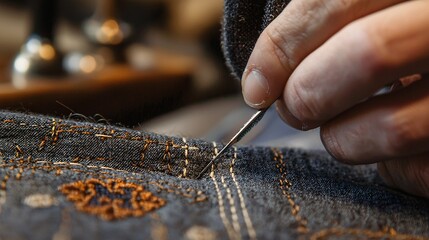 An artisan skillfully demonstrates meticulous stitching techniques on fabric, highlighting exceptional detail and craftsmanship in a stunning high-quality image.