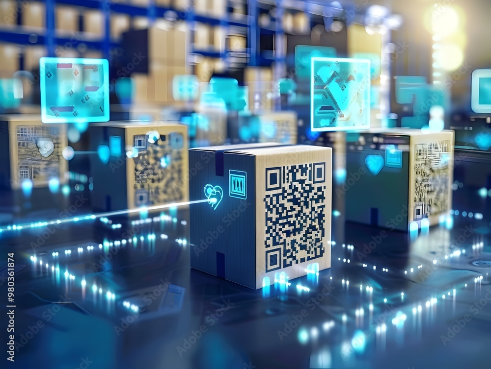 Poster blockchain powered supply chain management tracking goods from origin to delivery with qr codes and 