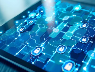 Digital Ledger on Tablet Displaying Blockchain Transaction History with Secure Encryption Symbols