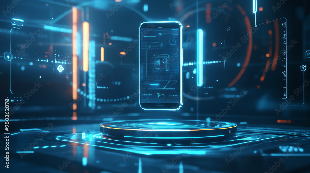 Poster futuristic holograms and podiums featuring 3d mobile phones. abstract digital user interface technol