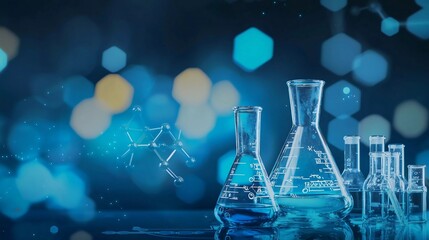beaker and flask in science laboratory with nice chemical structure blue banner background
