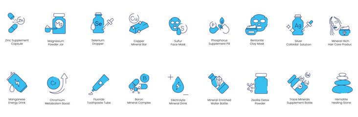 Zinc Supplement, Magnesium Powder Jar, Selenium Dropper, Copper Mineral Bath, Sulfur Face Mask, Phosphorus Supplement Pill, Bentonite Clay Mask, Silver Colloidal Solution vector icon set