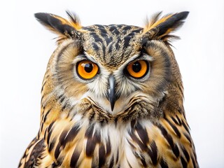 Obraz premium Majestic eagle owl perches on a pure white background, its piercing yellow eyes and soft feathers a striking contrast to the clean simplicity surrounding it.