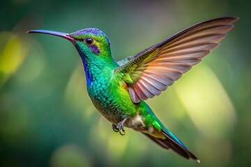 Fototapeta premium Vibrant green hummingbird with iridescent feathers and delicate wings beating rapidly, suspended in mid-air on a transparent background, showcasing its majestic beauty.