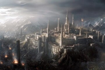 Fototapeta premium Enormous castle with sky high towers amidst dark fantasy cityscape
