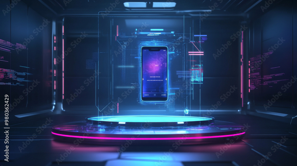 Poster futuristic holograms and podiums featuring 3d mobile phones. abstract digital user interface technol