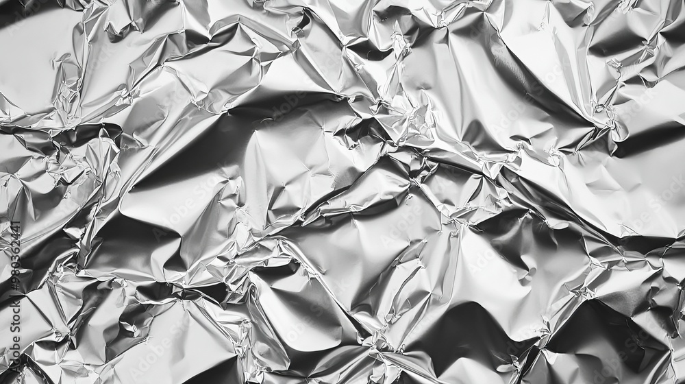 Poster crumpled shiny aluminum foil texture with abstract wrinkles creating a silver metallic surface for u