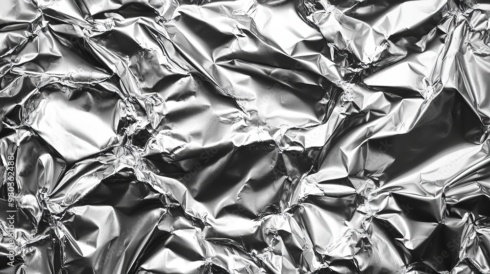 Poster crumpled shiny aluminum foil texture with abstract wrinkles creating a silver metallic surface for u