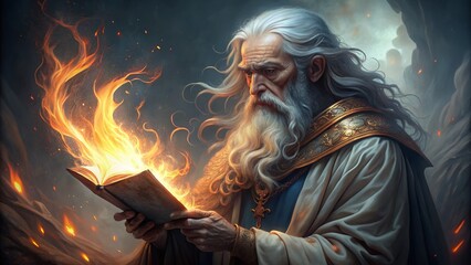 a drawing illustration of a old fire magic wizard man with long grey hair and white beard holding a magical book and using fire ball spells. background wallpaper. Generative AI