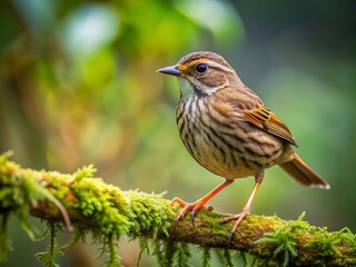 Small, secretive bird with streaked brown plumage and long bill, perched on a moss-covered branch in a lush, green forest undergrowth habitat.