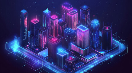 Futuristic smart city infrastructure at night. Isometric design of residential urban buildings showcasing innovative flat design. Vector illustration of a smart town with digital communication.