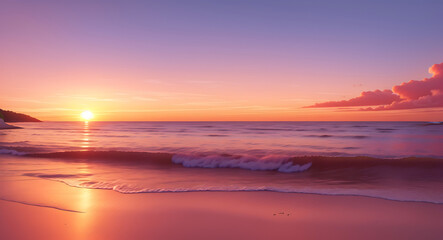 Obraz premium A serene sunset over a calm ocean, with soft waves gently lapping the shore, and the sky transitioning from warm oranges and pinks to deep purples.