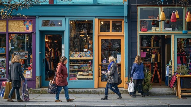 A vibrant storefront buzzes with enthusiastic shoppers and eye-catching signs showcasing local goods.