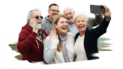 PNG Group of happy seniors taking a selfie, collage element, transparent background