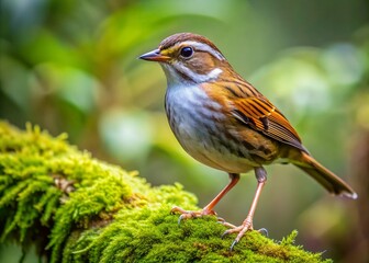 Small, secretive bird with streaked brown back and white underparts, sitting on a mossy branch in a dense, green forest undergrowth habitat.