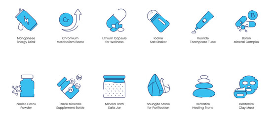 Manganese Energy Drink, Chromium Metabolism Boost, Lithium Capsule for Well-Being, Iodine Salt Shaker, Fluoride Toothpaste Tube, Boron Mineral Complex, Zeolite Detox Powder, Trace Minerals icons 