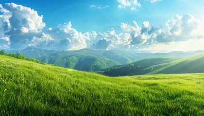 Fototapeta premium Picturesque mountain landscape with lush green hills and blooming flowers under a bright blue sky with fluffy white clouds