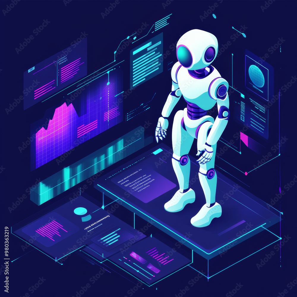 Poster artificial intelligence analyzing business data and optimizing company operations. isometric vector 