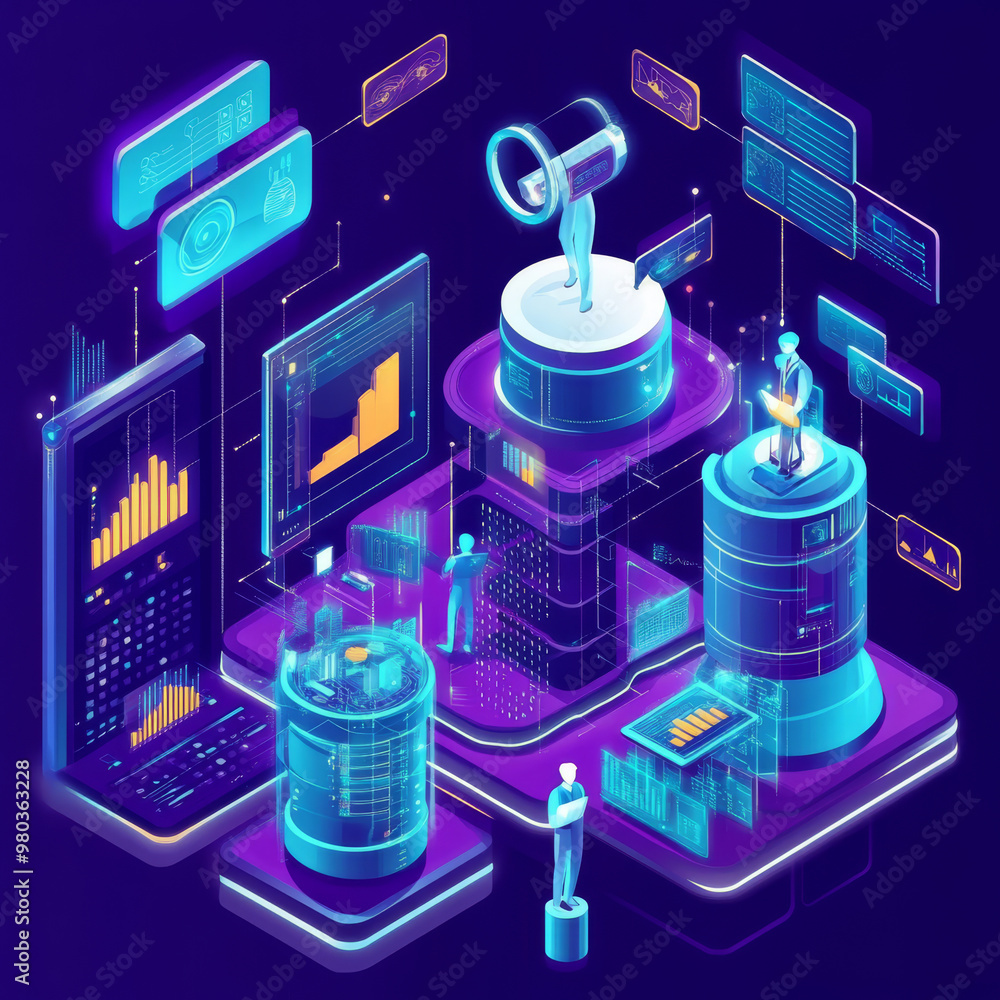 Poster artificial intelligence analyzing business data and optimizing company operations. isometric vector 