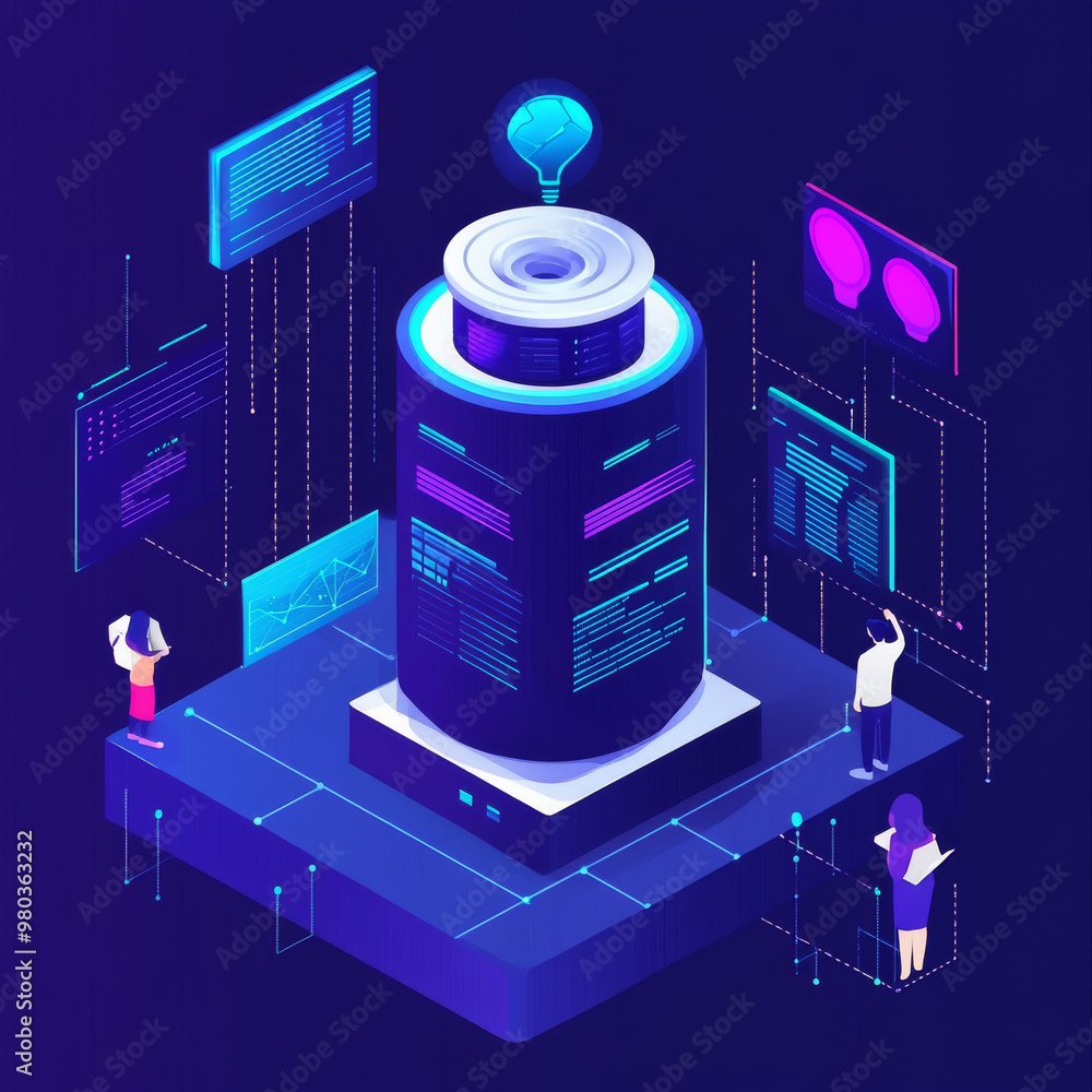 Poster artificial intelligence analyzing business data and optimizing company operations. isometric vector 