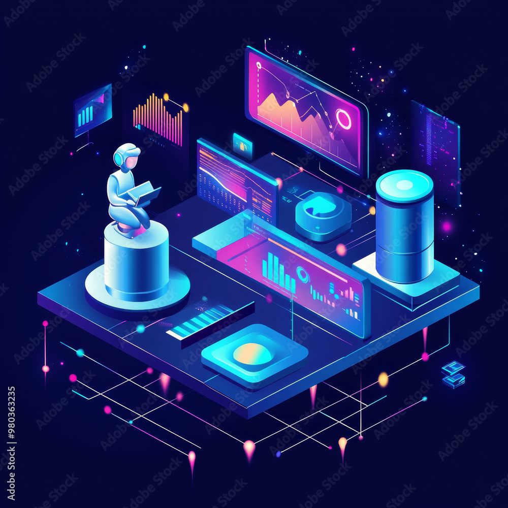 Poster artificial intelligence analyzing business data and optimizing company operations. isometric vector 