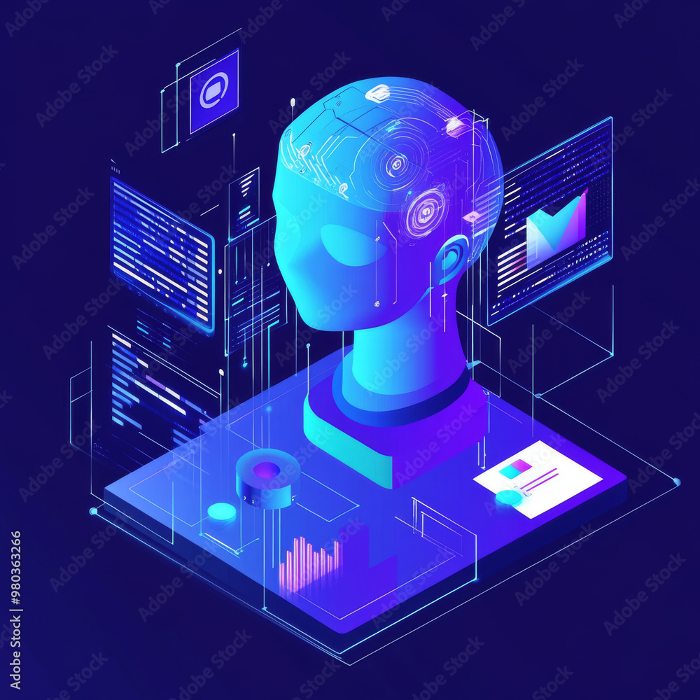 Aufkleber artificial intelligence analyzing business data and optimizing company operations. isometric vector 
