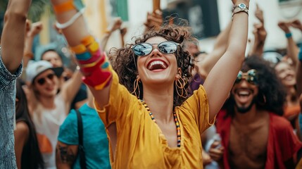 A vibrant celebration of music where a diverse crowd revels in live performances, dancing and creating unforgettable moments together.