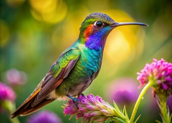 Vibrant multicolored hummingbird perched on delicate purple flower, sipping nectar, its iridescent feathers glistening in the sunlight amidst lush green foliage background.