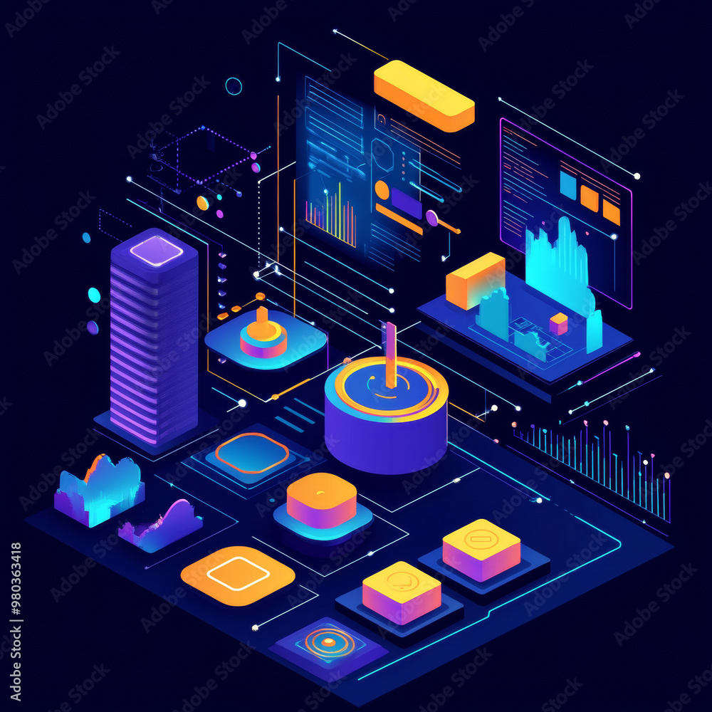 Poster artificial intelligence analyzing business data and optimizing company operations. isometric vector 