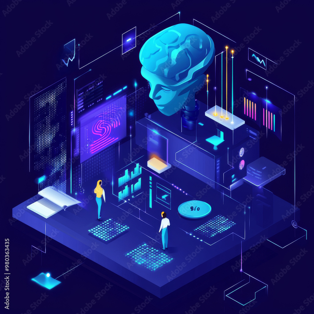 Poster artificial intelligence analyzing business data and optimizing company operations. isometric vector 