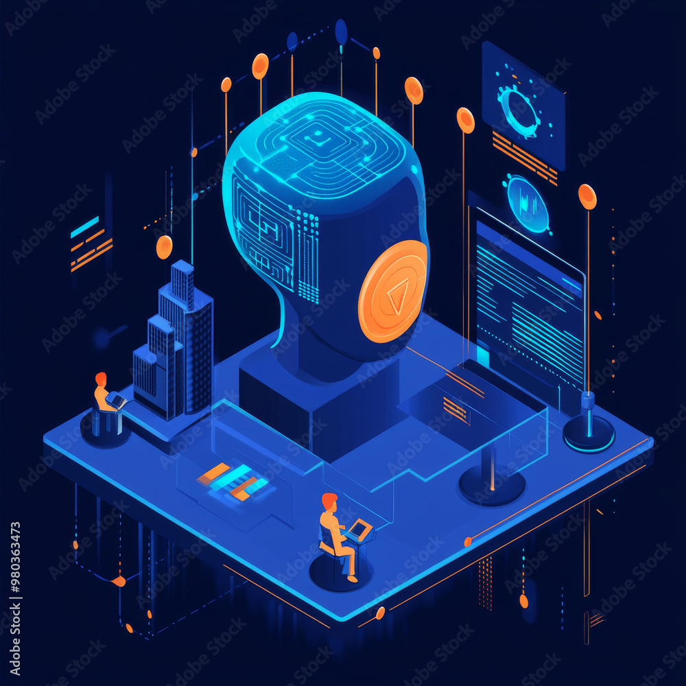 Poster artificial intelligence analyzing business data and optimizing company operations. isometric vector 