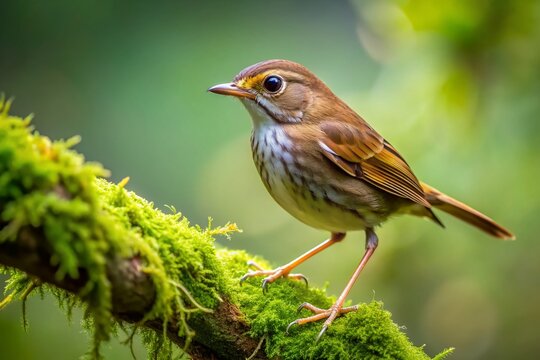 Small, secretive bird with streaked brown plumage and distinctive white eye rings perches on a moss-covered branch in a lush green forest undergrowth setting.