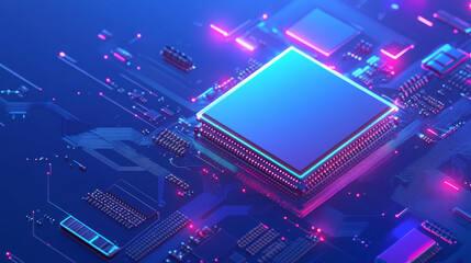 Futuristic microchip processor with illumination on a blue background. Quantum computing, large-scale data processing, and database concept. Isometric CPU banner. Central computer processors .