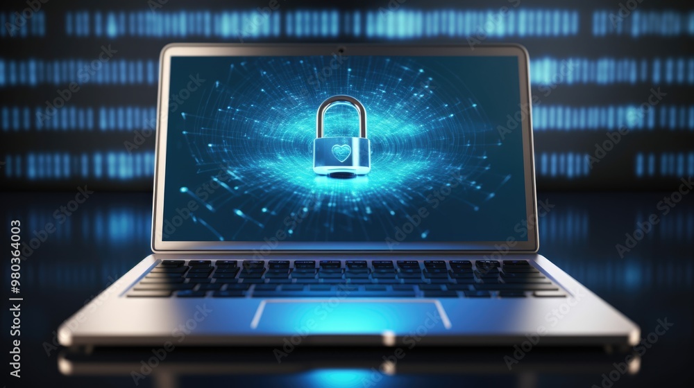 Poster an open laptop displays a lock symbol on the screen, representing data security while surrounded by 