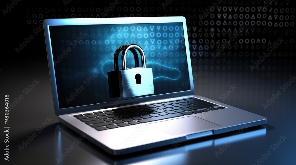 Poster a clear focus on an open laptop featuring a locked keyboard, highlighting the importance of data sec
