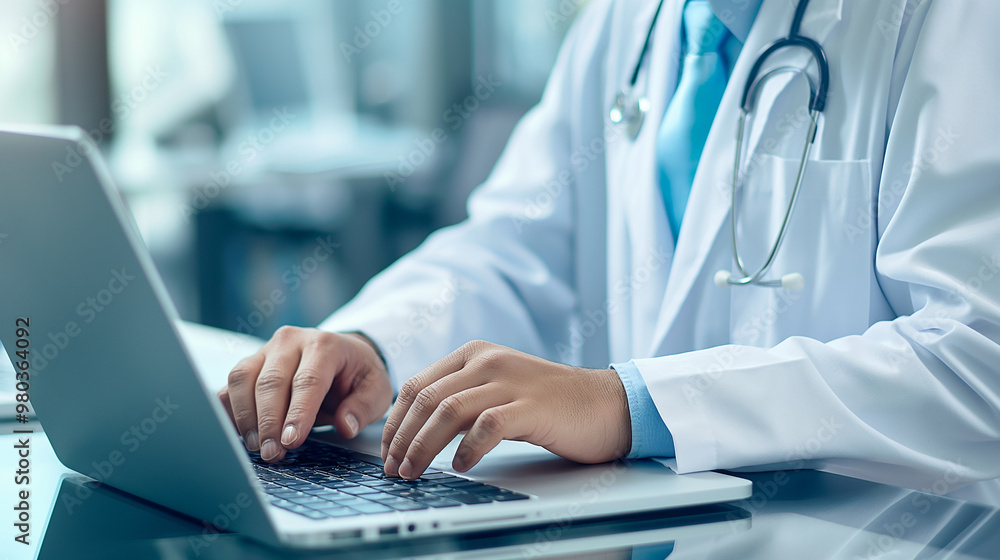 Poster a doctor working on a modern laptop computer making a report about patient condition or doing some r