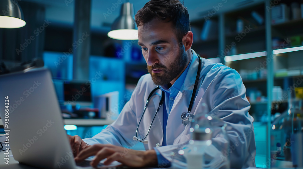 Poster a doctor working on a modern laptop computer making a report about patient condition or doing some r